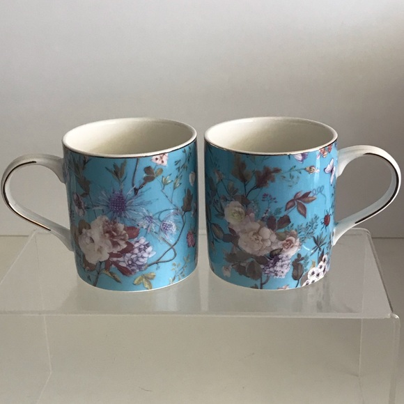 Set Of 2 GRACE TEAWARE White Peony W/Turquoise Background Small Coffee Mugs NWOT - Picture 1 of 15